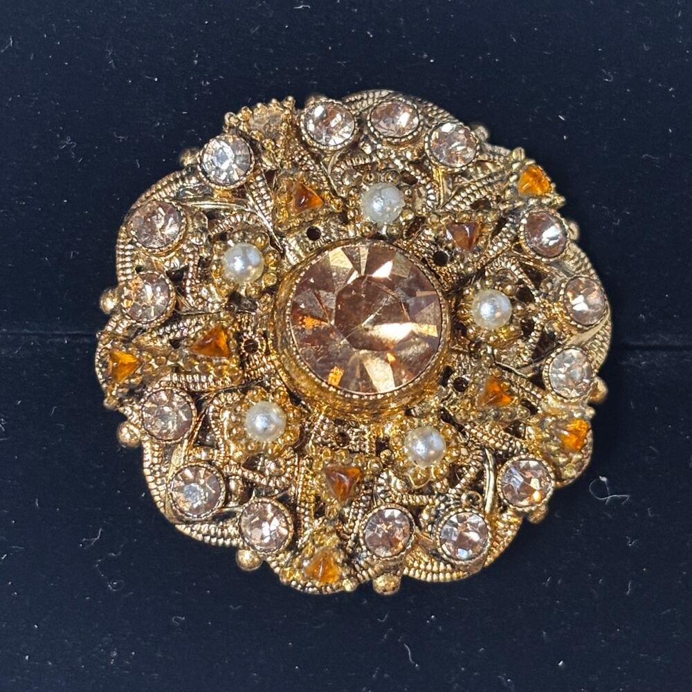 Brooch Pin Pendant Glass Filigree Round Yellow Fashion Costume from Austria